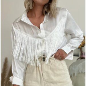 NWT Women's Western Fringe Button Up Blouse - White Size Medium